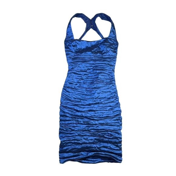 Vintage Y2K 2010s Nicole Miller Metallic Blue Ruched Bodycon Mini Dress Prom 2 - Picture 1 of 4